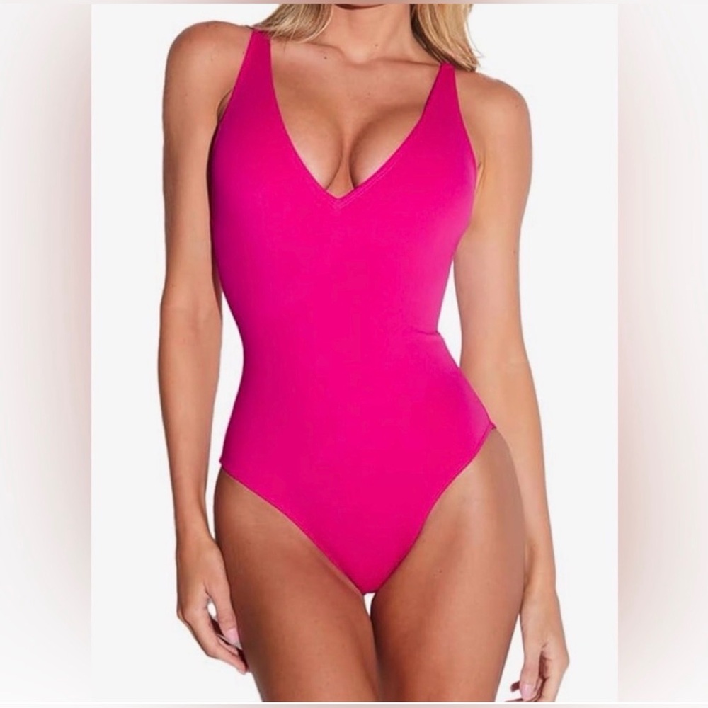 Hot Pink V-Neck One-Piece Swimsuit